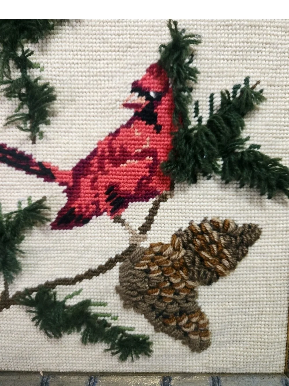 Vintage Crewel Needlework Pair Cardinals 1940's Wool Thread Wood Frame 13